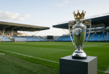 Premier League 2026-27 Premier League trophy displayed on a pedestal ahead of the 2026-27 season kick-off.