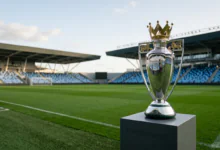Premier League 2026-27 Premier League trophy displayed on a pedestal ahead of the 2026-27 season kick-off.