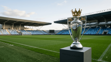 Premier League 2026-27 Premier League trophy displayed on a pedestal ahead of the 2026-27 season kick-off.