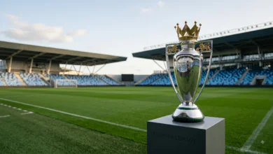 Premier League 2026-27 Premier League trophy displayed on a pedestal ahead of the 2026-27 season kick-off.