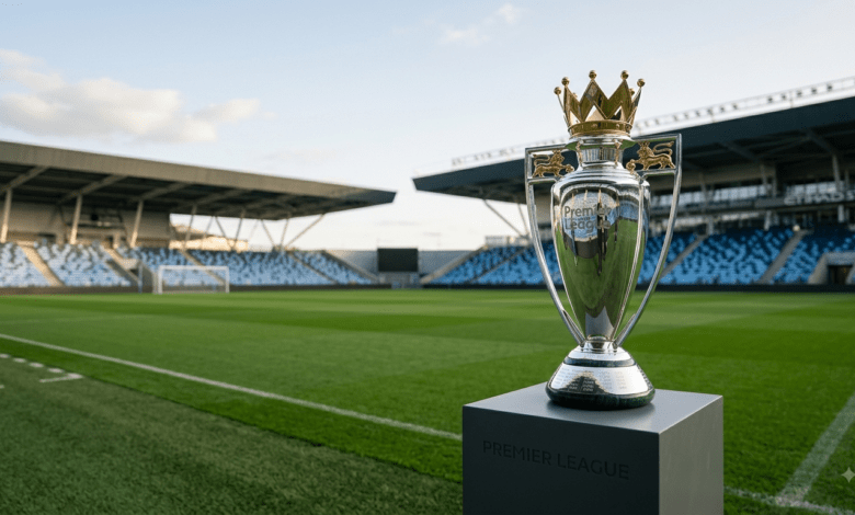Premier League 2026-27 Premier League trophy displayed on a pedestal ahead of the 2026-27 season kick-off.